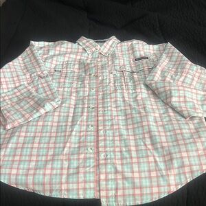 Columbia Men's Plaid Button-Down Shirt - Pink and Blue PFG